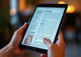 Persoon die een technologie review leest op een tablet